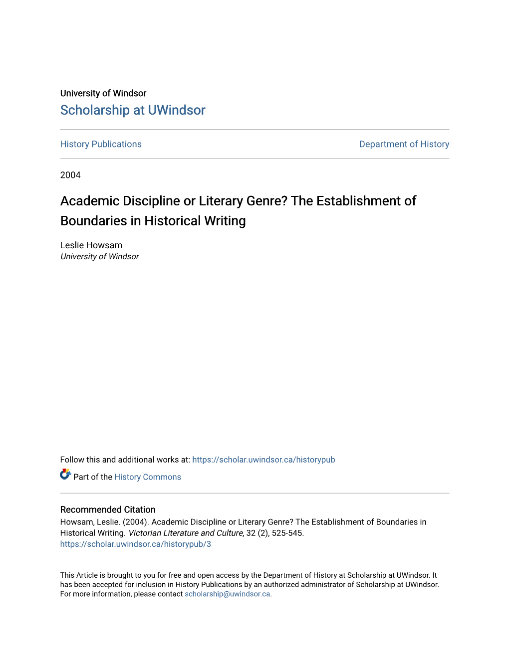 Academic Discipline Or Literary Genre? the Establishment of Boundaries in Historical Writing