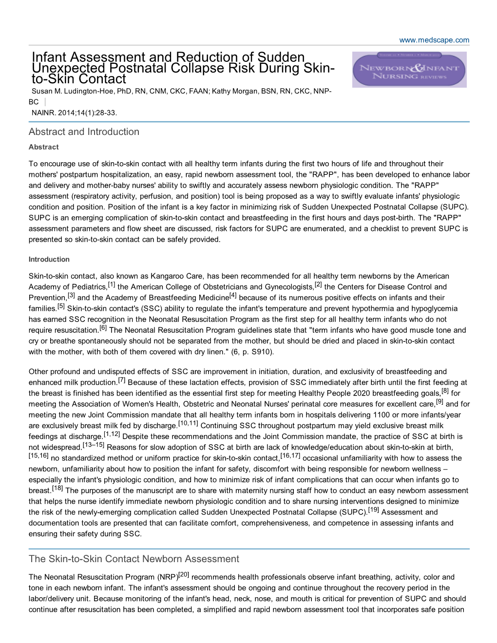 Infant Assessment and Reduction of Sudden Unexpected Postnatal Collapse Risk During Skin­ To­Skin Contact Susan M