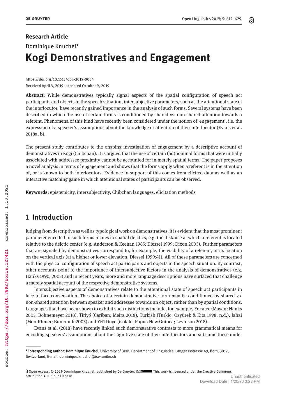 Kogi Demonstratives and Engagement Dominique Knuchel* Research Article Openaccess