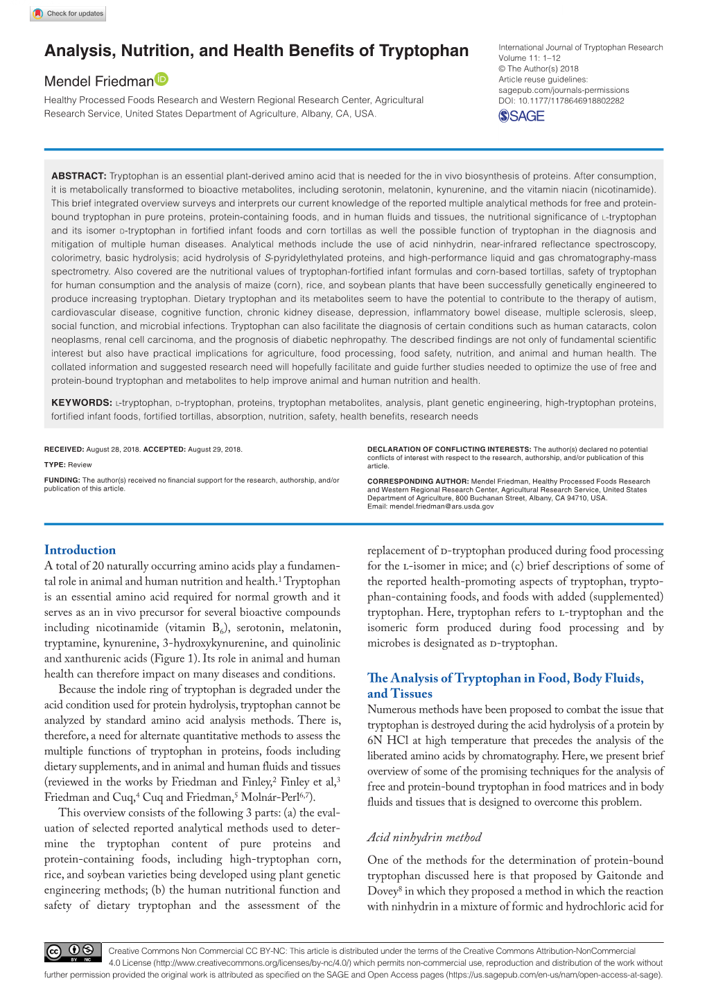 Analysis, Nutrition, and Health Benefits of Tryptophan