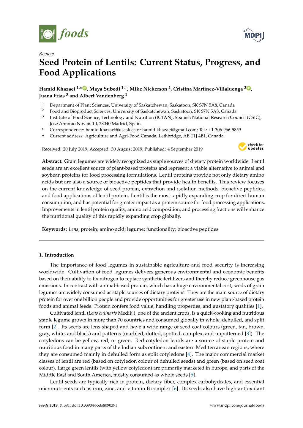 Seed Protein of Lentils: Current Status, Progress, and Food Applications