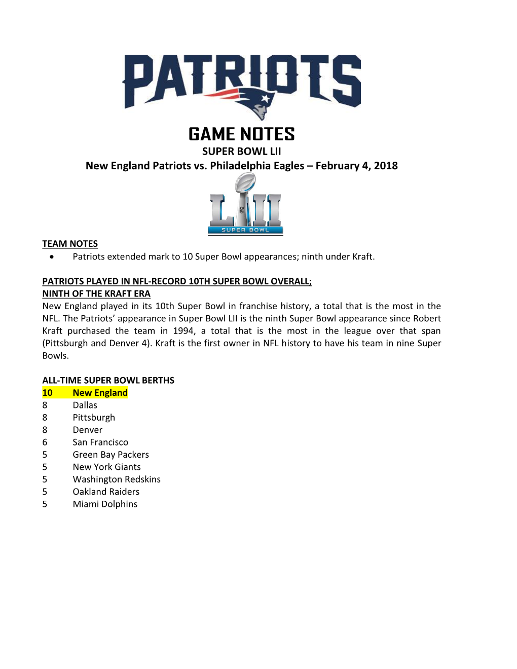 GAME NOTES SUPER BOWL LII New England Patriots Vs