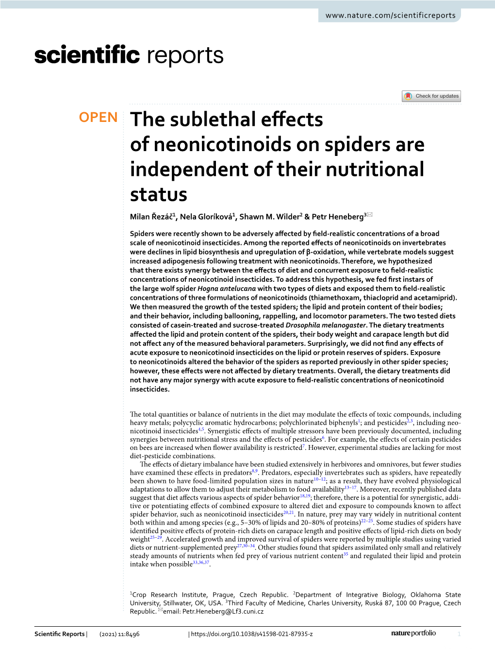 The Sublethal Effects of Neonicotinoids on Spiders Are Independent of Their