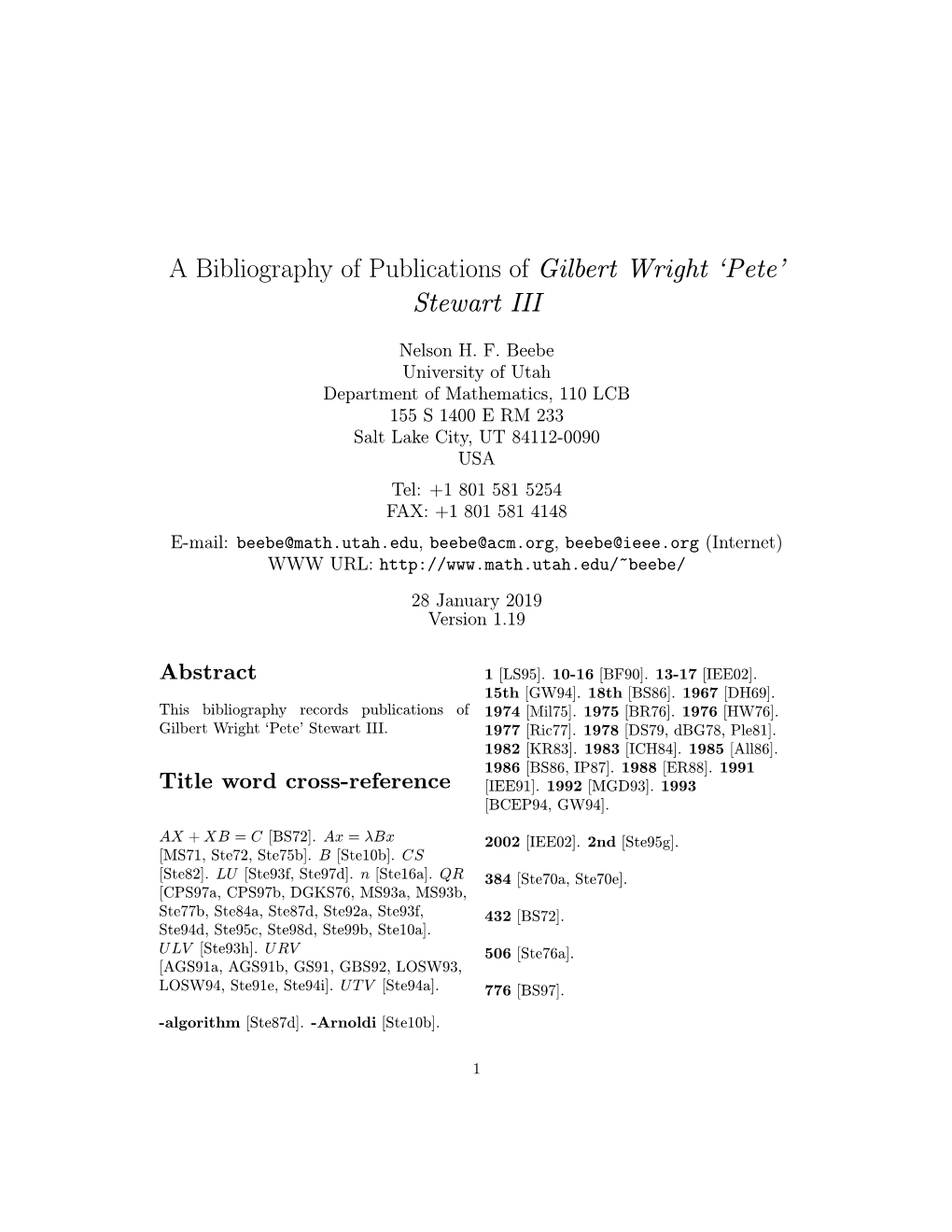 A Bibliography of Publications of Gilbert Wright 'Pete' Stewart