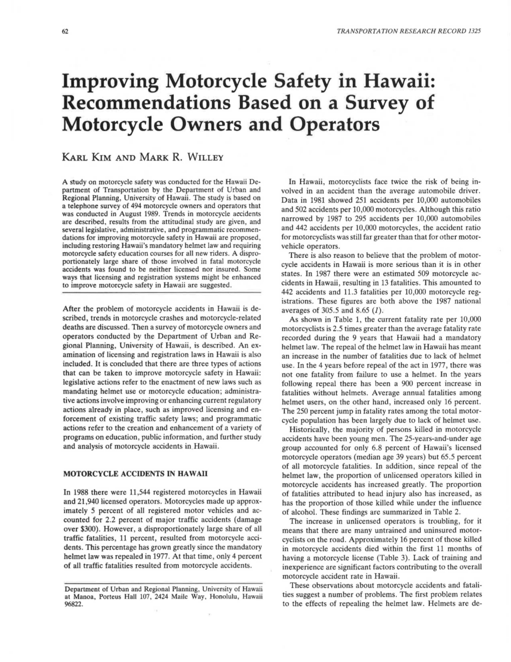 Improving Motorcycle Safety in Hawaii: Recommendations Based on a Survey of Motorcycle Owners and Operators