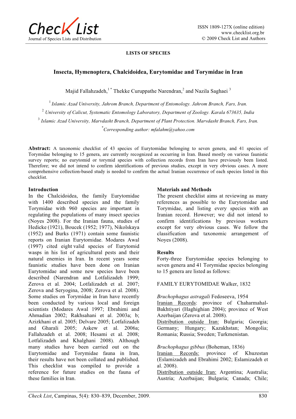 Insecta, Hymenoptera, Chalcidoidea, Eurytomidae and Torymidae in Iran