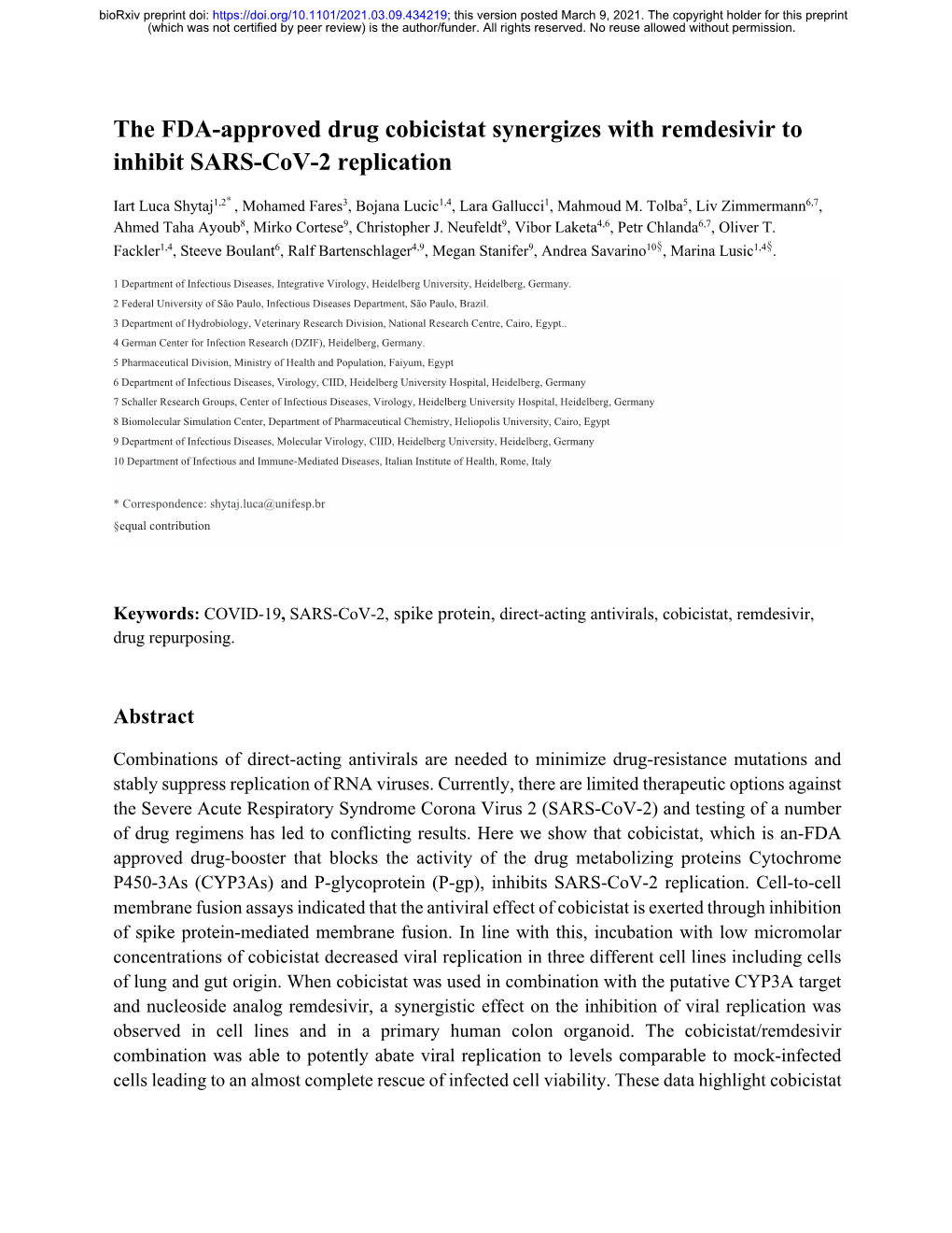 The FDA-Approved Drug Cobicistat Synergizes with Remdesivir to Inhibit SARS-Cov-2 Replication