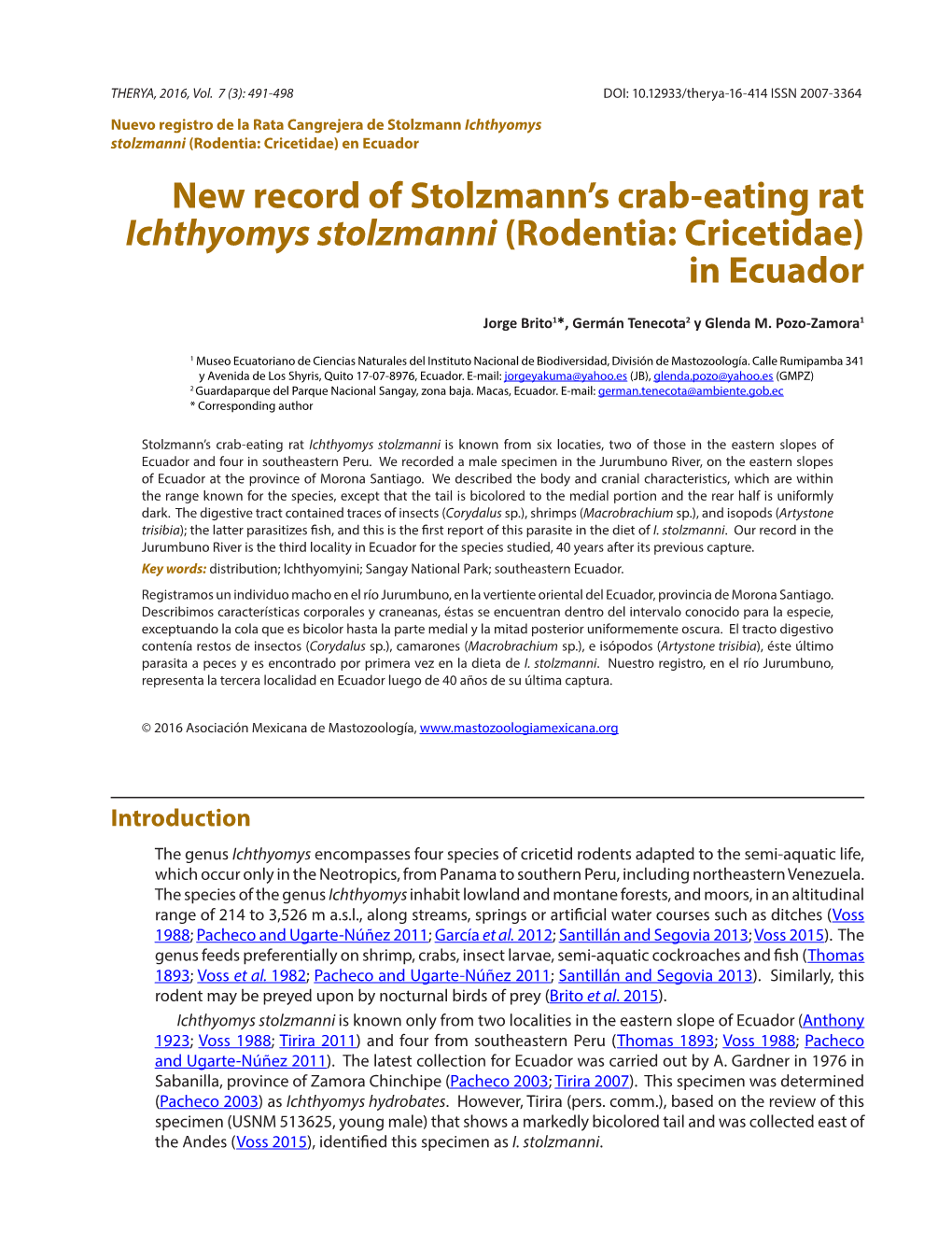 New Record of Stolzmann's Crab-Eating Rat Ichthyomys