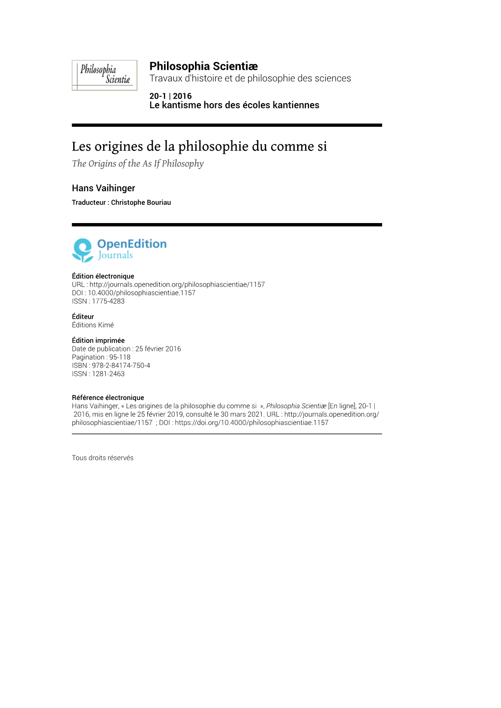 Les Origines De La Philosophie Du Comme Si the Origins of the As If Philosophy