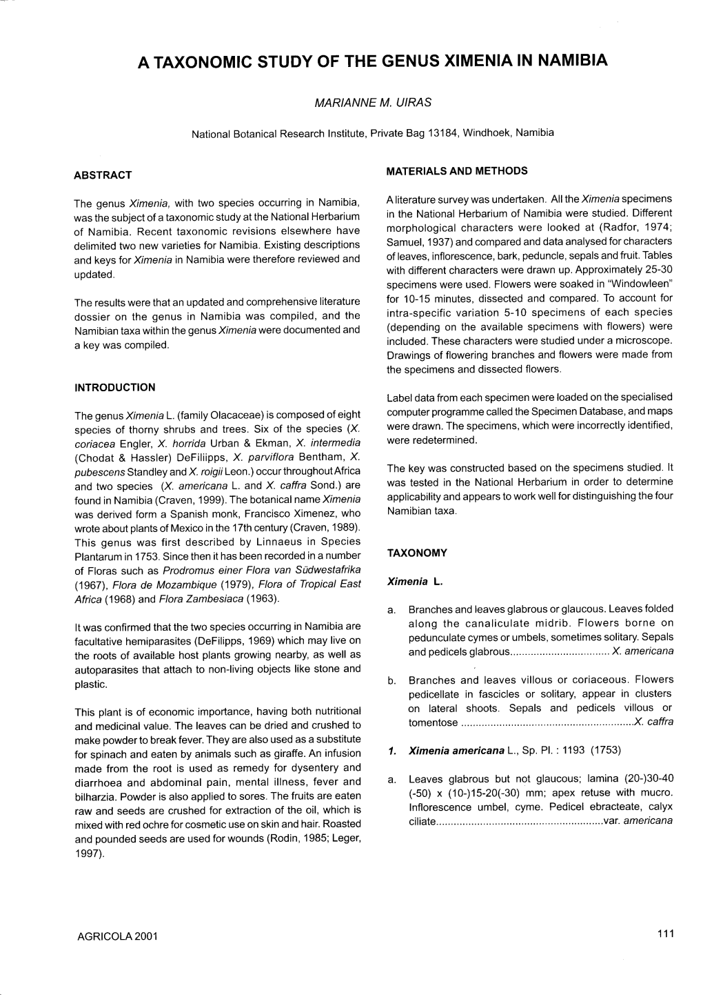 A Taxonomic Study of the Genus Ximenia in Namibia