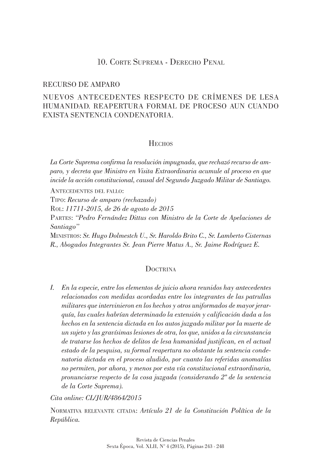 Recurso De Amparo Nuevos Antecedentes Respecto De Crímenes De Lesa Humanidad