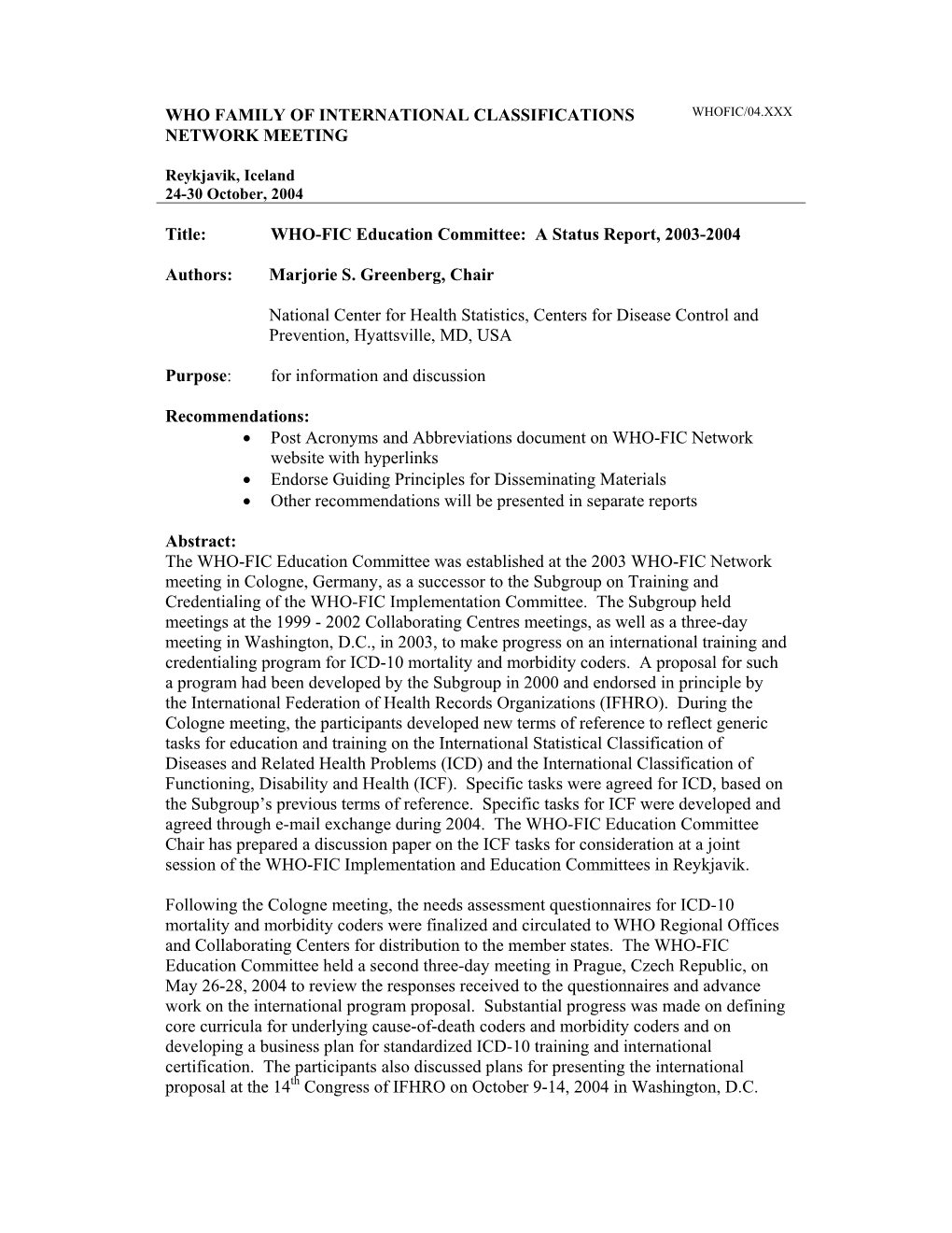 Who Family of International Classifications Network