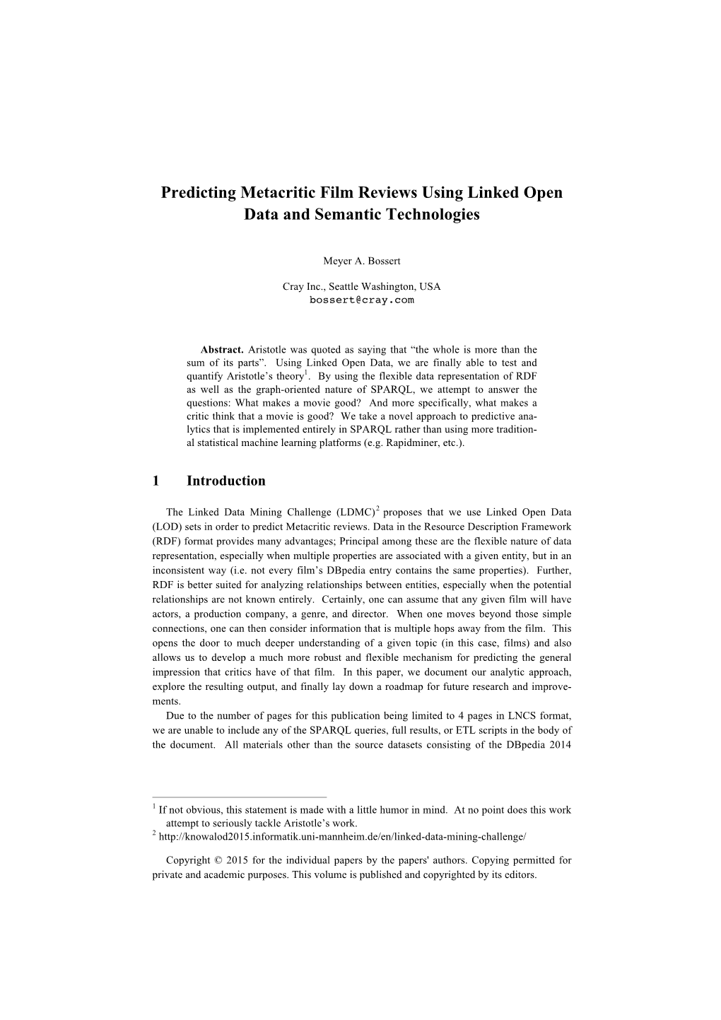 Predicting Metacritic Film Reviews Using Linked Open Data and Semantic Technologies