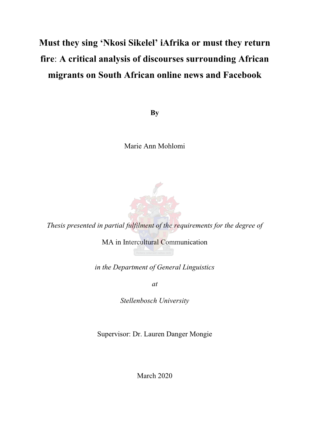 A Critical Analysis of Discourses Surrounding African Migrants on South African Online News and Facebook
