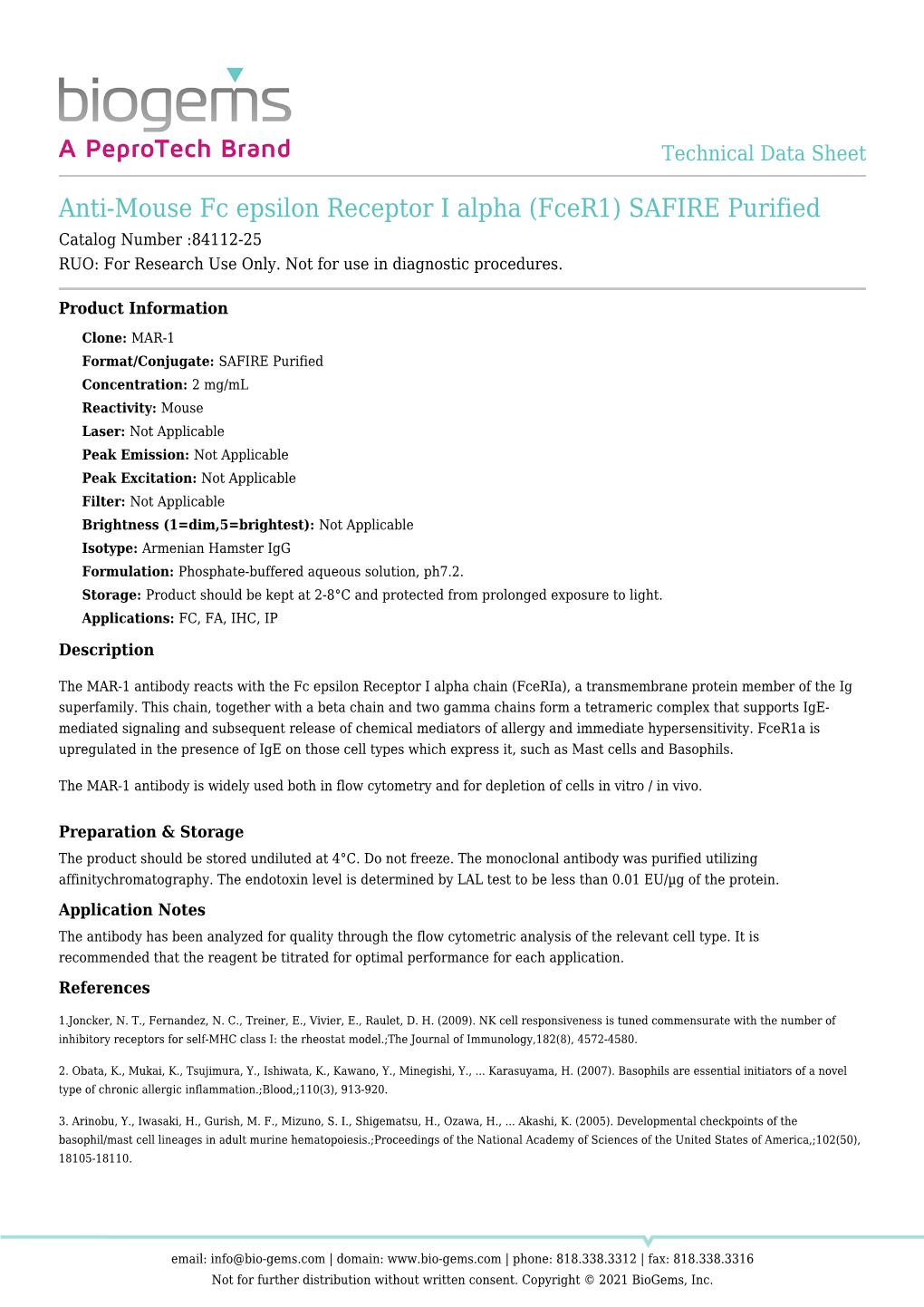 Anti-Mouse Fc Epsilon Receptor I Alpha (Fcer1) SAFIRE Purified Catalog Number :84112-25 RUO: for Research Use Only