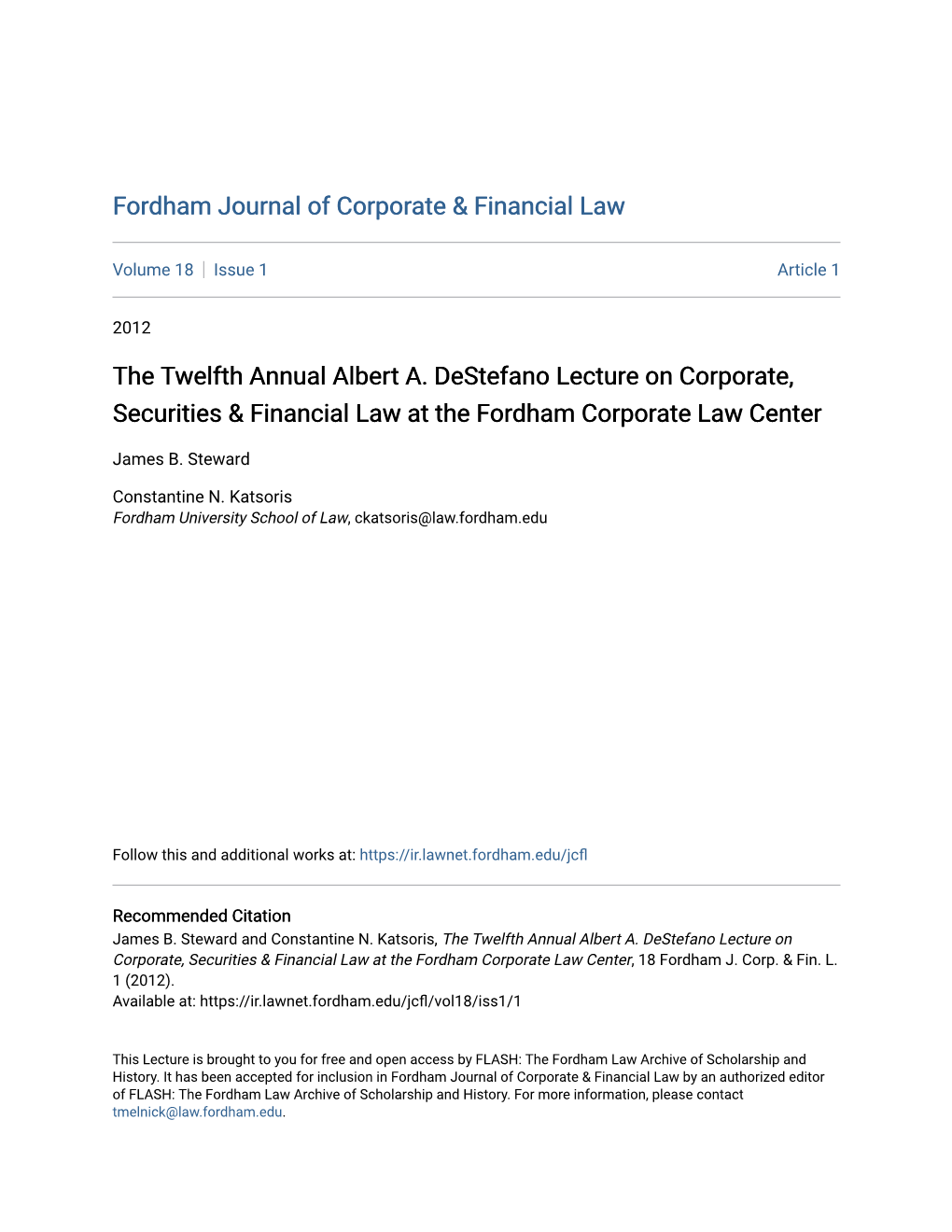 The Twelfth Annual Albert A. Destefano Lecture on Corporate, Securities & Financial Law at the Fordham Corporate Law Center