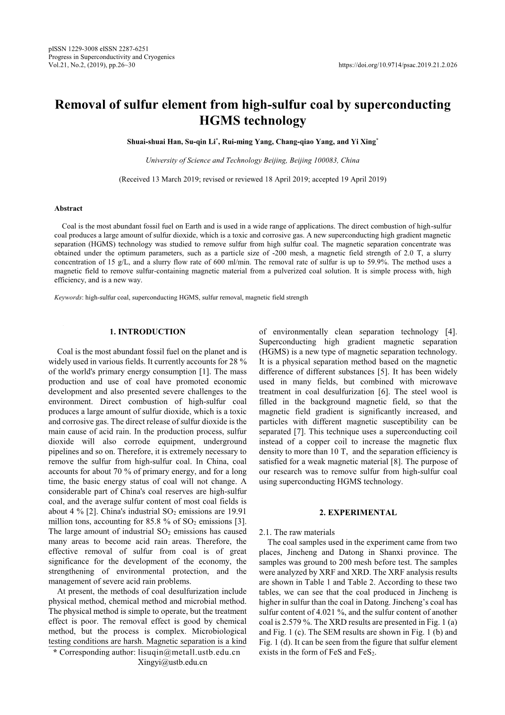 Removal of Sulfur Element from High-Sulfur Coal by Superconducting HGMS Technology