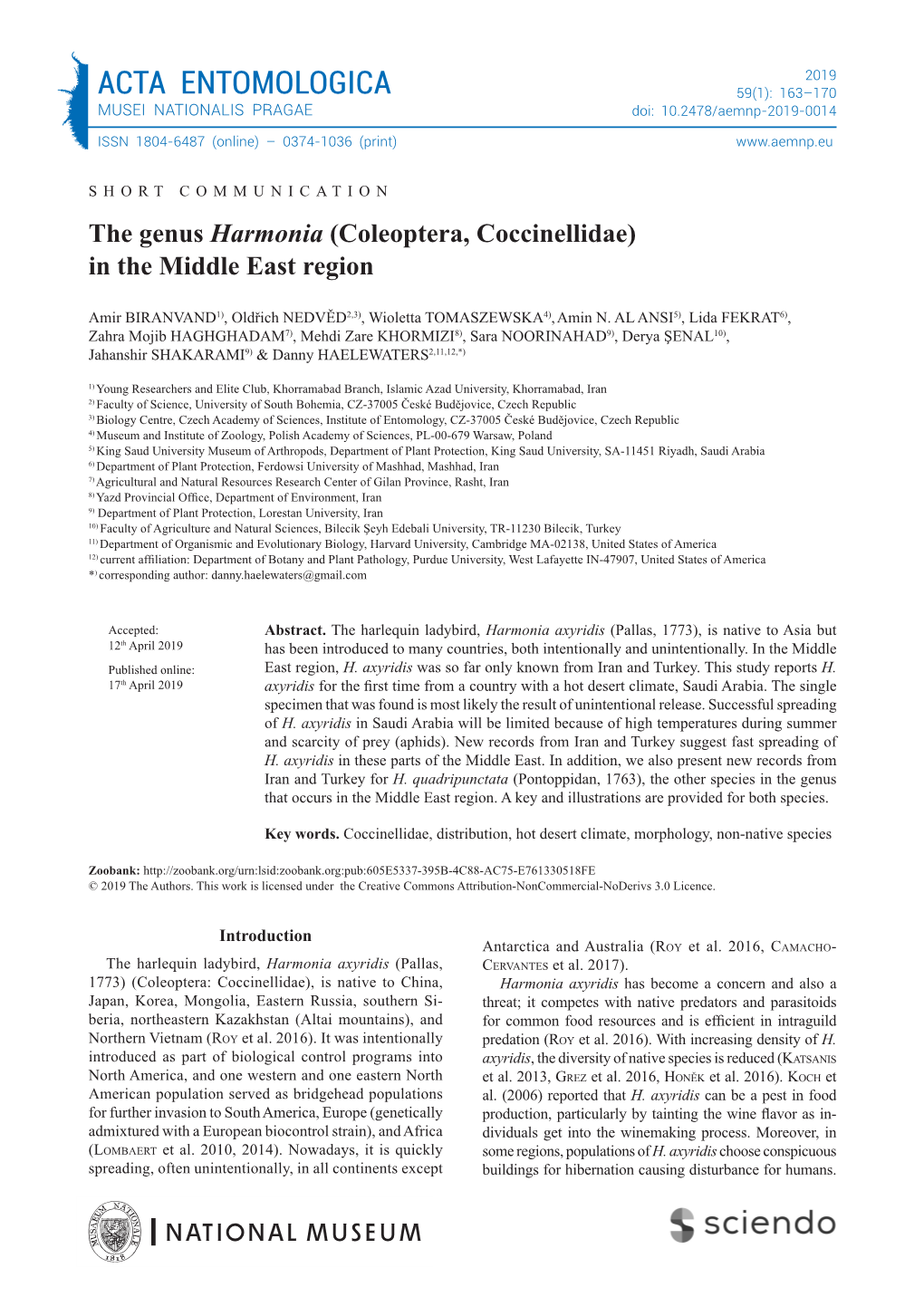 ACTA ENTOMOLOGICA 59(1): 163–170 MUSEI NATIONALIS PRAGAE Doi: 10.2478/Aemnp-2019-0014