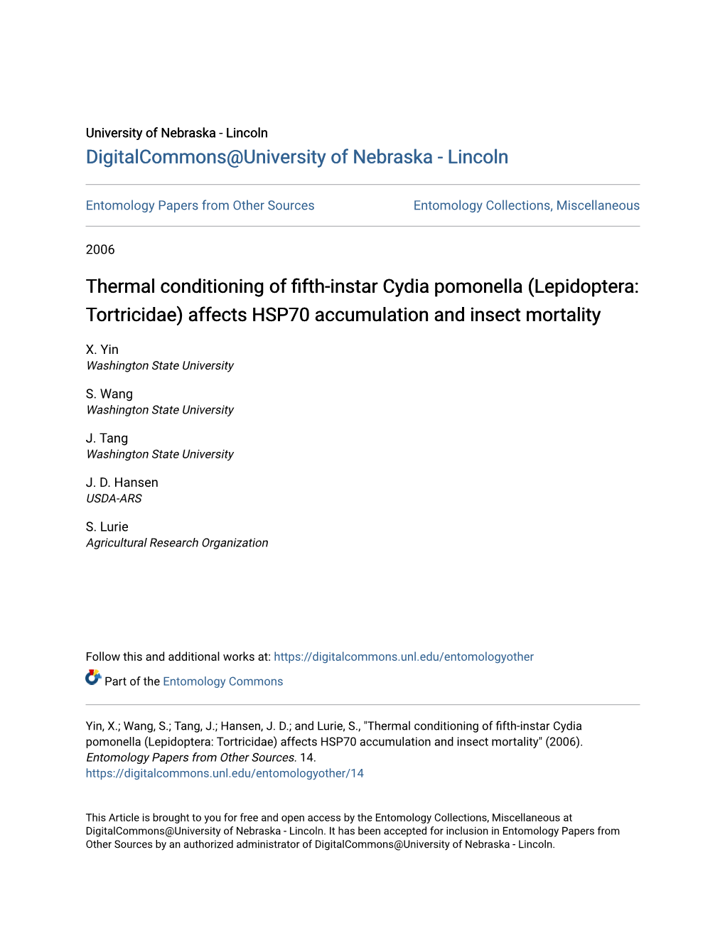 Thermal Conditioning of Fifth-Instar Cydia Pomonella (Lepidoptera: Tortricidae) Affects HSP70 Accumulation and Insect Mortality