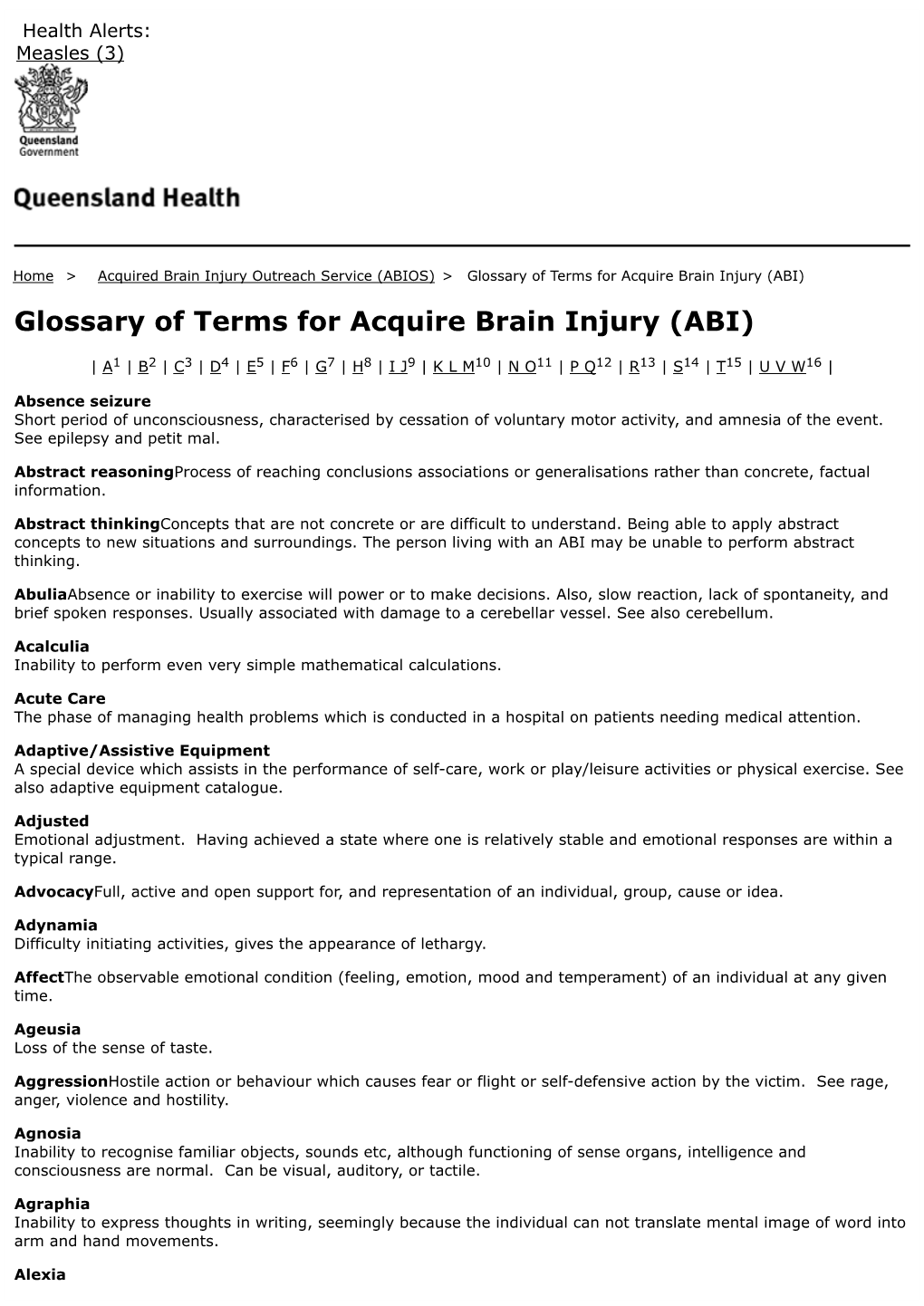 Glossary of Terms for Acquire Brain Injury (ABI)