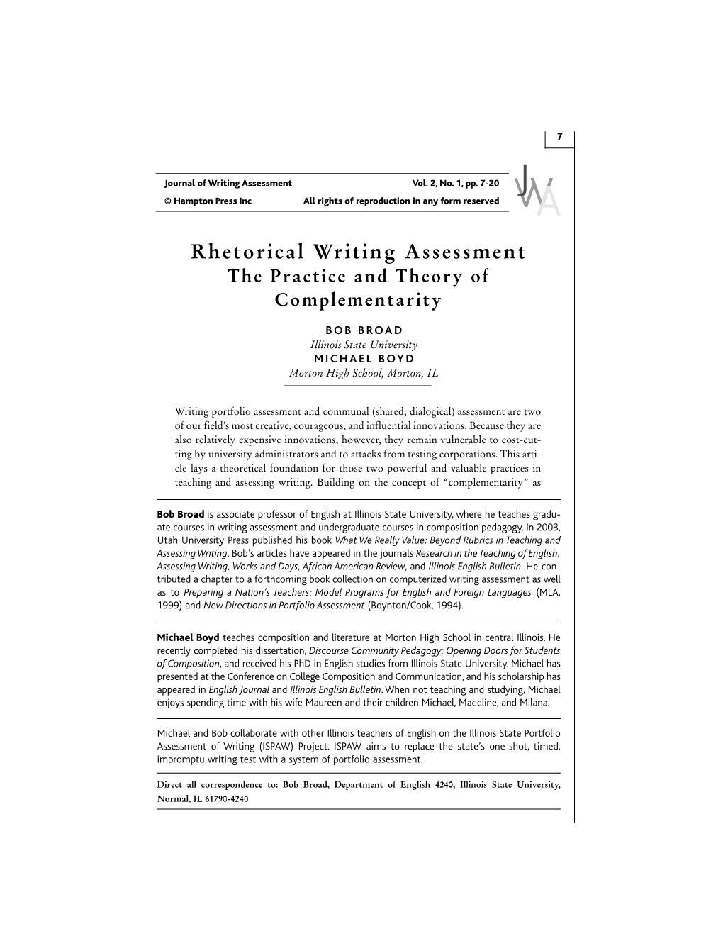 Rhetorical Writing Assessment the Practice and Theory of Complementarity