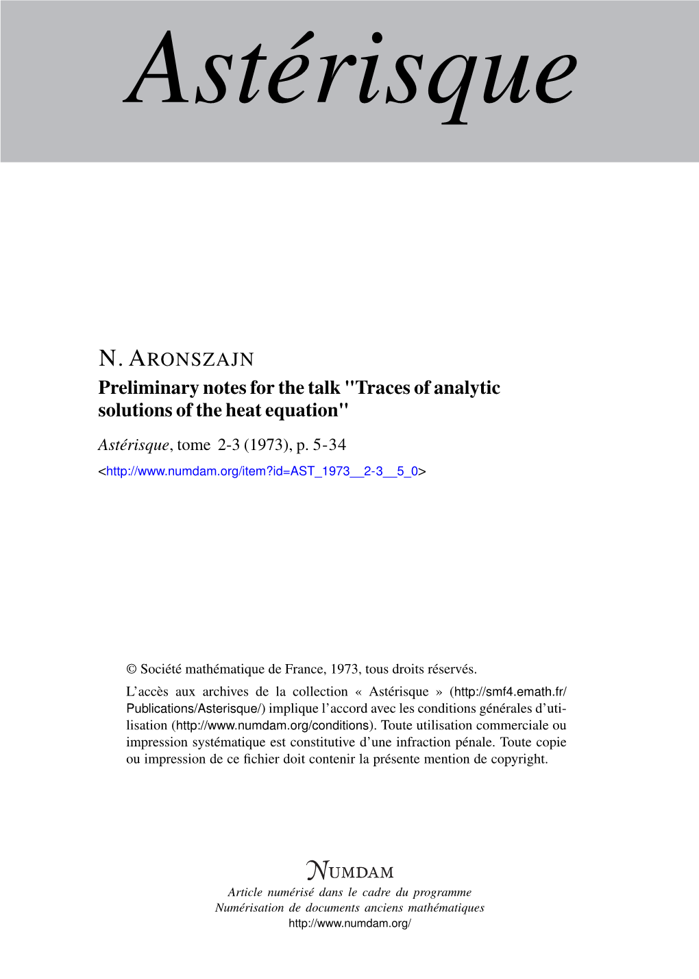 Traces of Analytic Solutions of the Heat Equation" Astérisque, Tome 2-3 (1973), P
