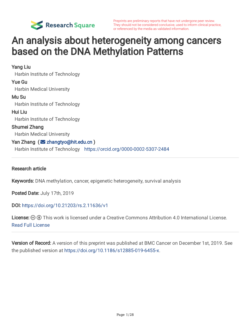 An Analysis About Heterogeneity Among Cancers Based on the DNA Methylation Patterns