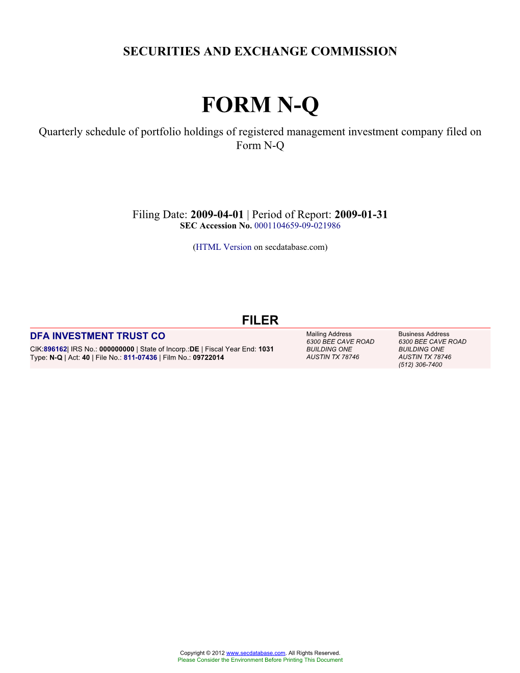 DFA INVESTMENT TRUST CO (Form: N-Q, Filing Date: 04/01/2009)