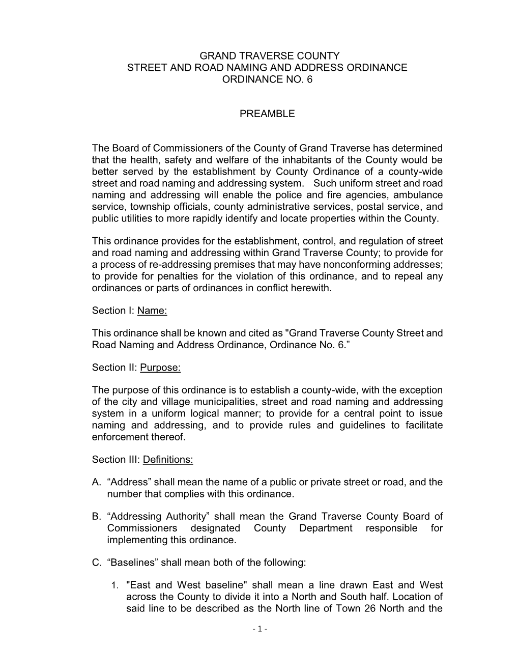 County Street and Road Numbering Ordinance