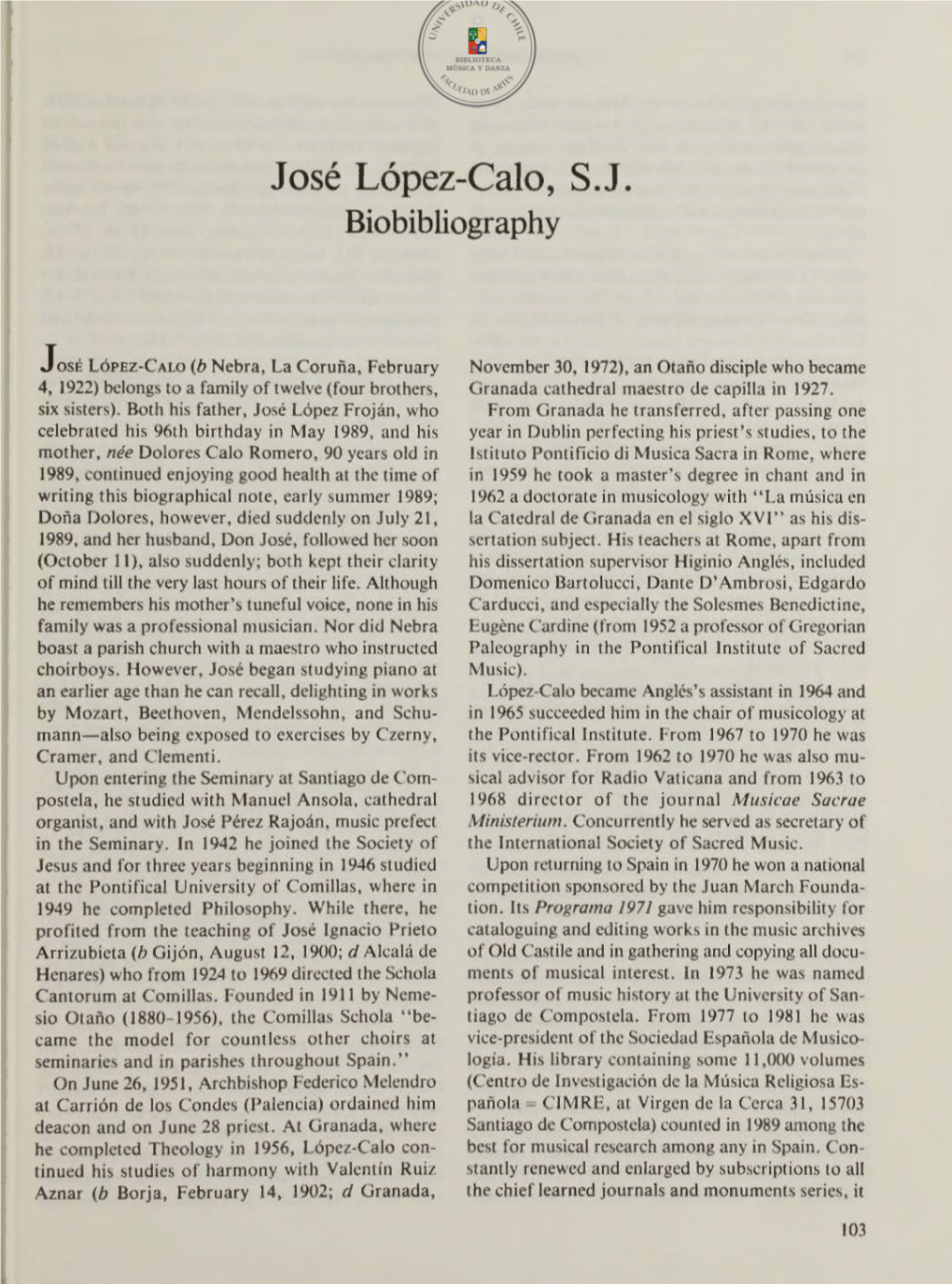 José López-Calo, S.J. Biobibliography