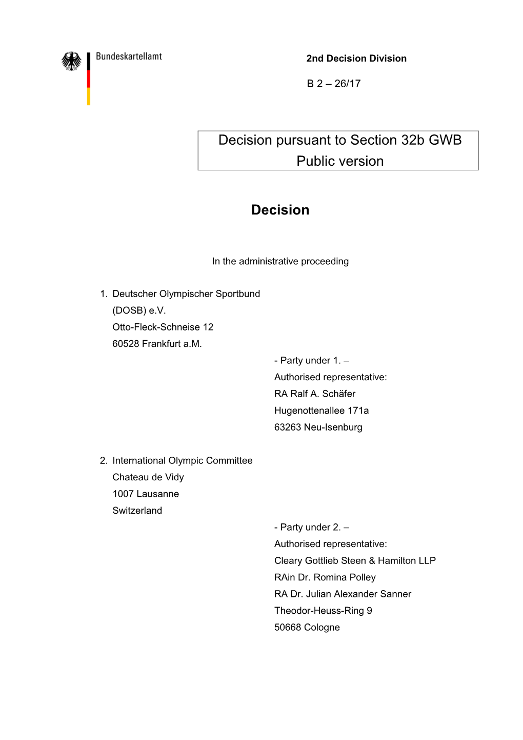 Decision Pursuant to Section 32B GWB Public Version Decision