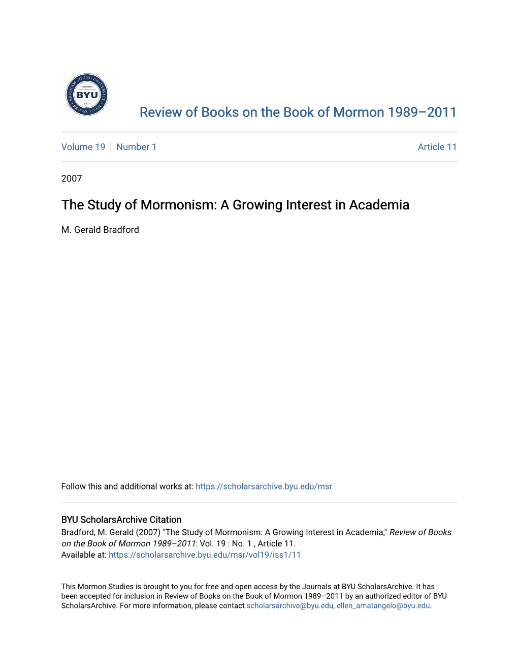 The Study of Mormonism: a Growing Interest in Academia