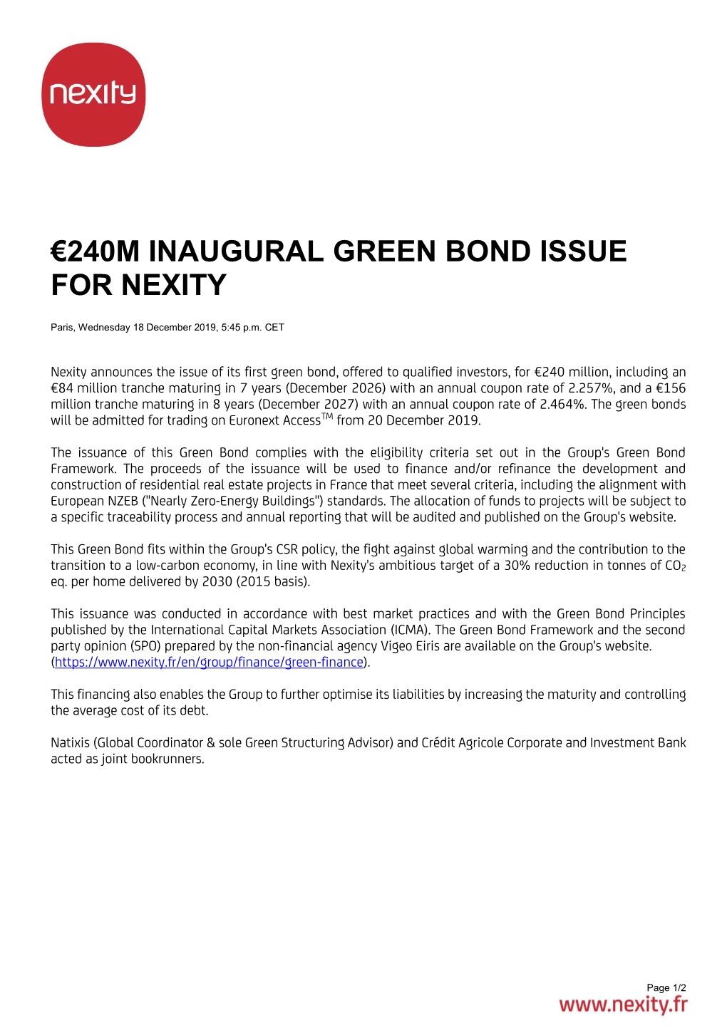 €240M Inaugural Green Bond Issue for Nexity