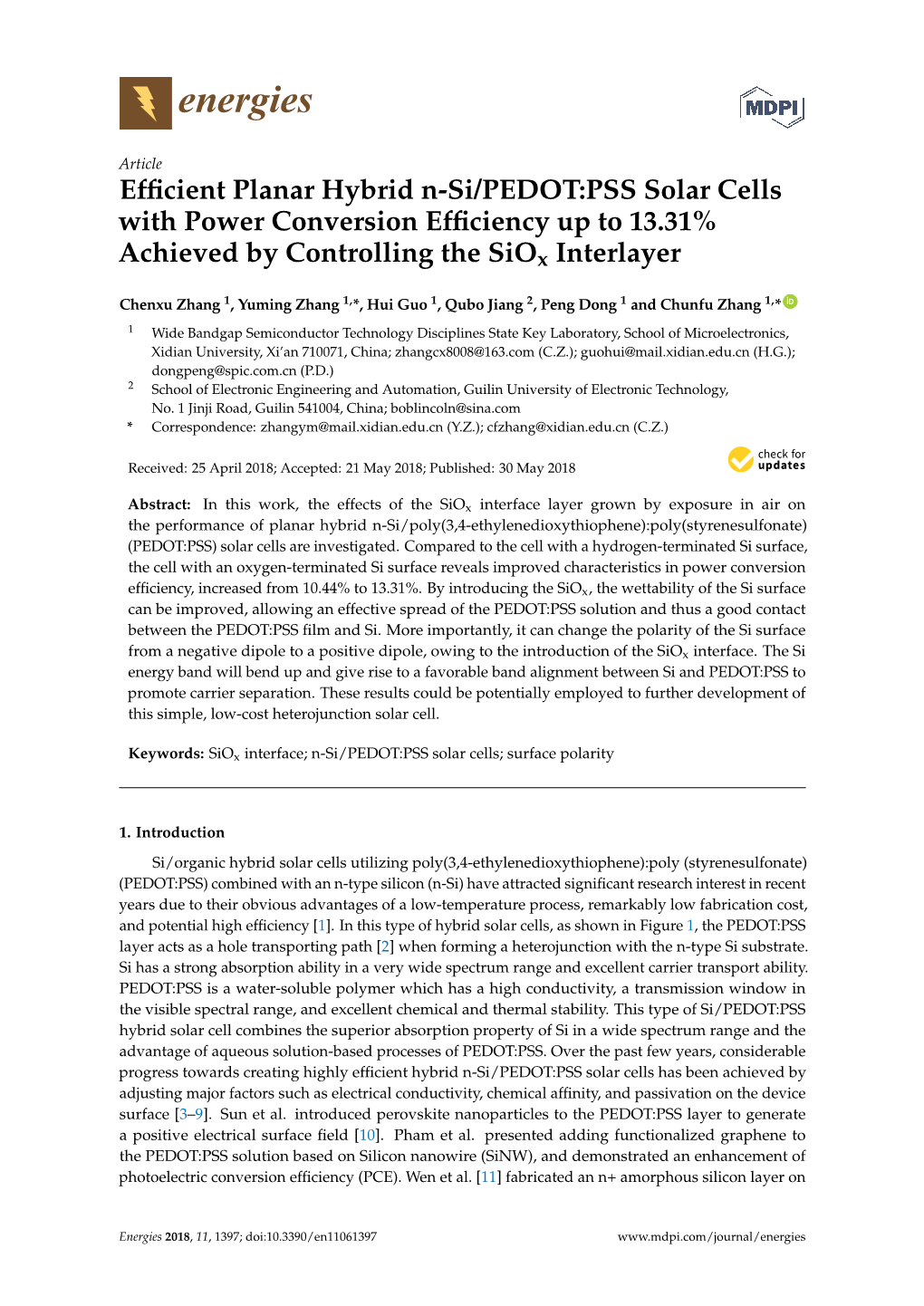 Efficient Planar Hybrid N-Si/PEDOT:PSS Solar Cells with Power Conversion Efficiency up to 13.31% Achieved by Controlling The