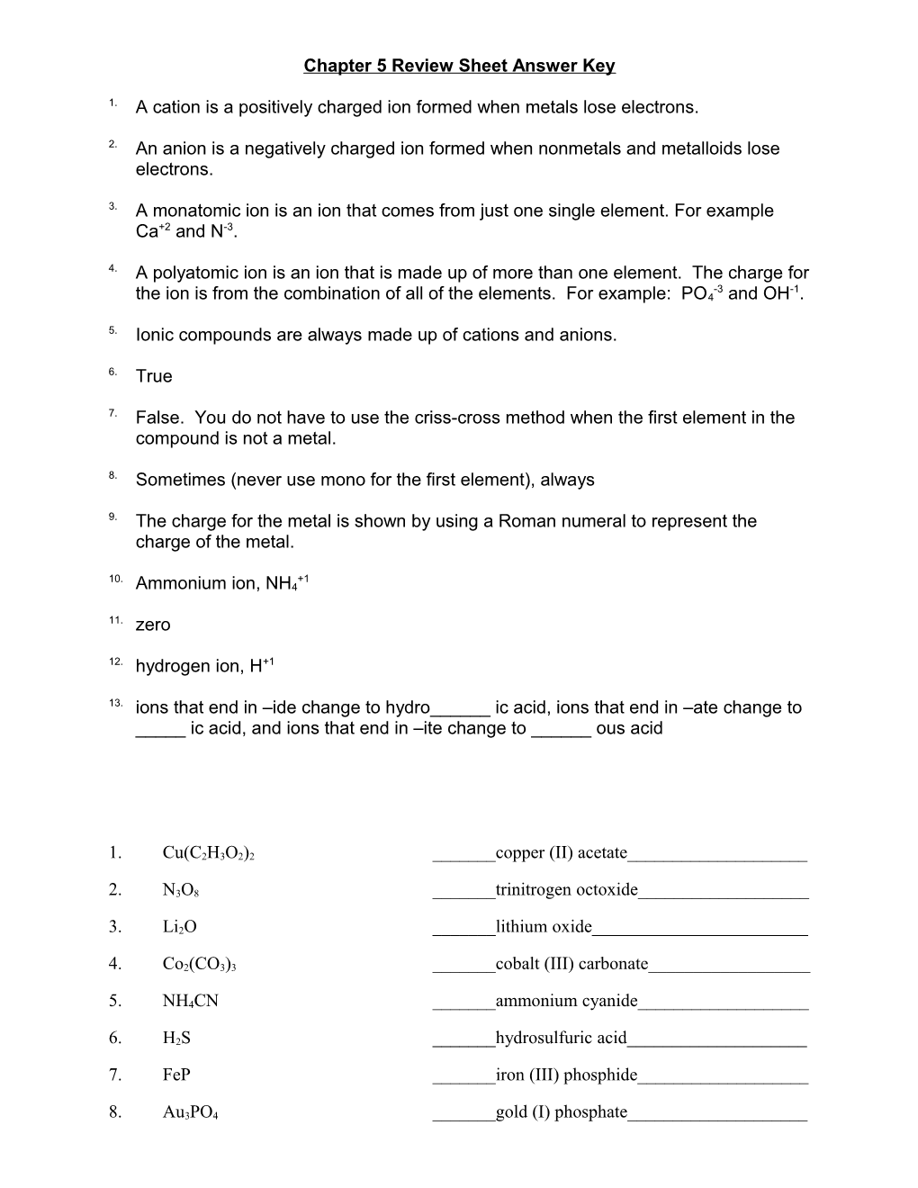 Chapter 5 Review Sheet Answer Key