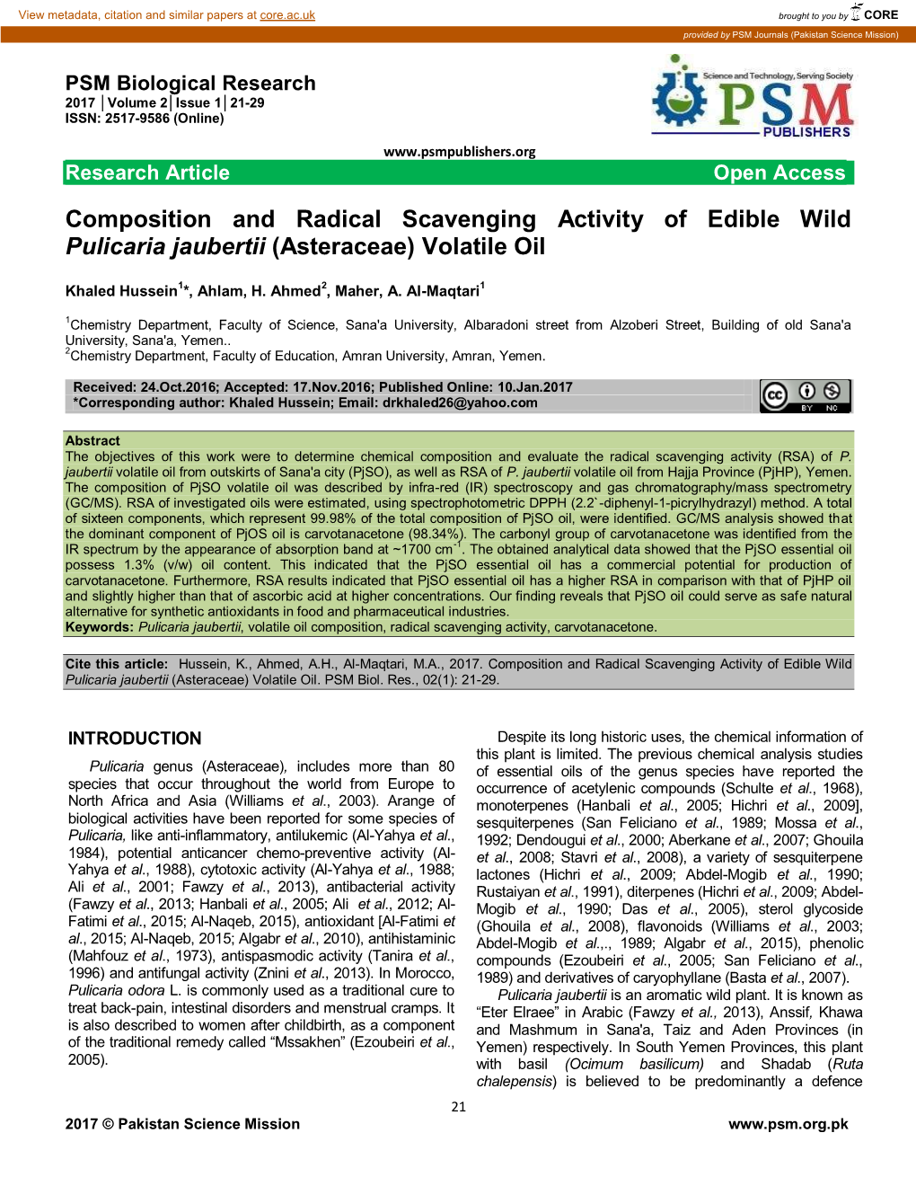 Composition and Radical Scavenging Activity of Edible Wild Pulicaria Jaubertii (Asteraceae) Volatile Oil