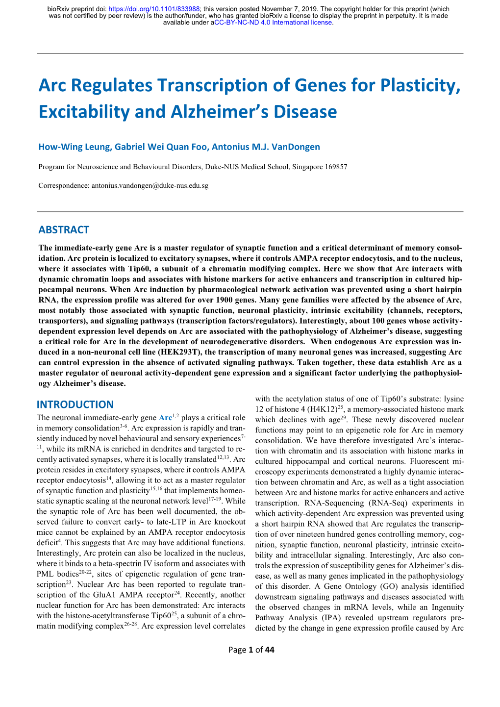 Arc Regulates Transcription of Genes for Plasticity, Excitability and Alzheimer’S Disease