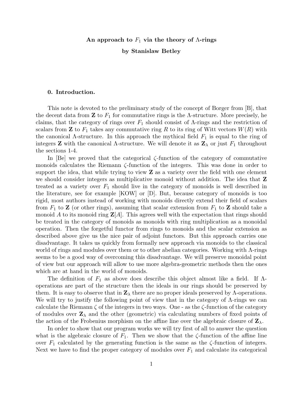 An Approach to F1 Via the Theory of Λ-Rings by Stanislaw Betley