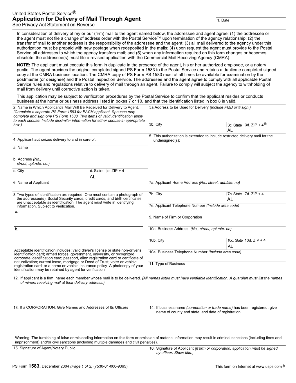 PS 1583 Application for Delivery of Mail Through