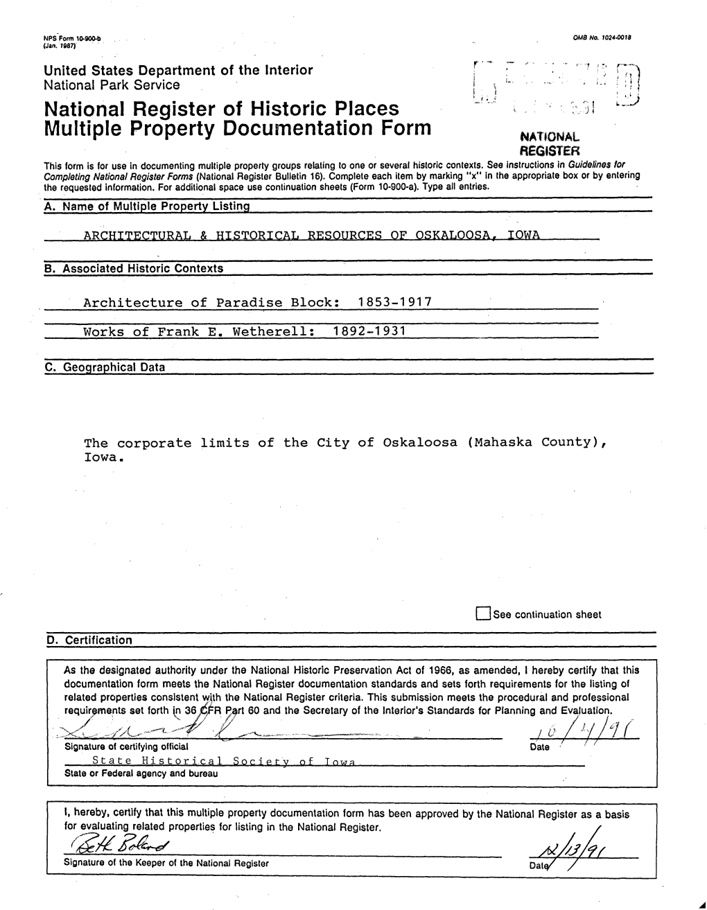 National Register of Historic Places 3! Multiple Property Documentation Form NATIONAL