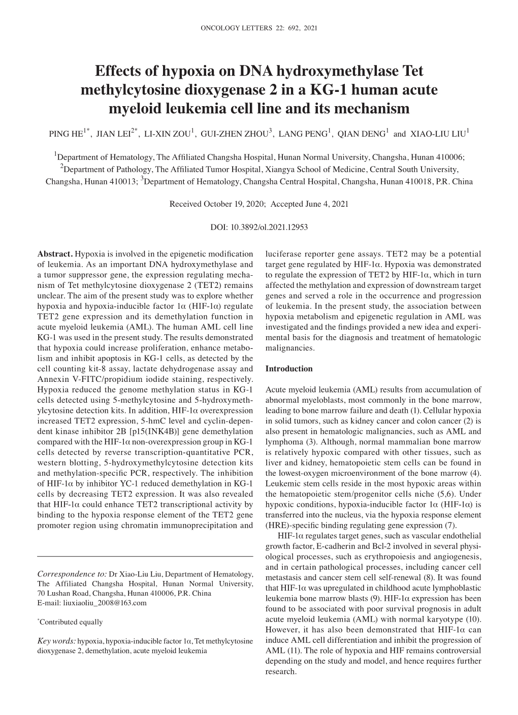 Effects of Hypoxia on DNA Hydroxymethylase Tet Methylcytosine Dioxygenase 2 in a KG‑1 Human Acute Myeloid Leukemia Cell Line and Its Mechanism