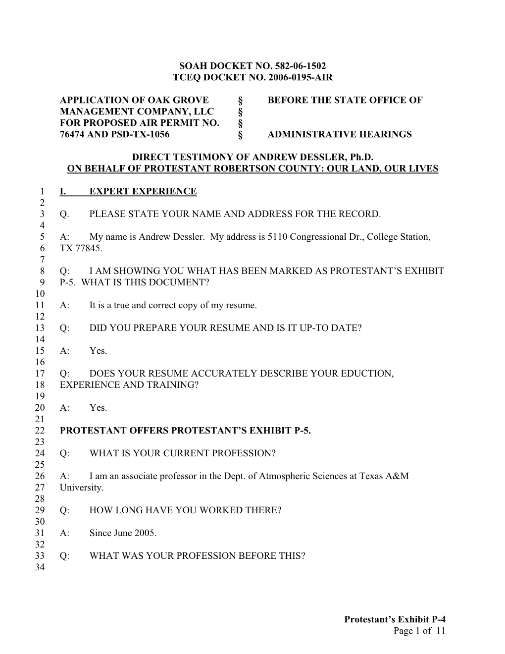 Protestant's Exhibit P-4 Page 1 of 11 SOAH DOCKET NO. 582-06-1502 TCEQ DOCKET NO. 2006-0195-AIR APPLICATION of OAK GROVE