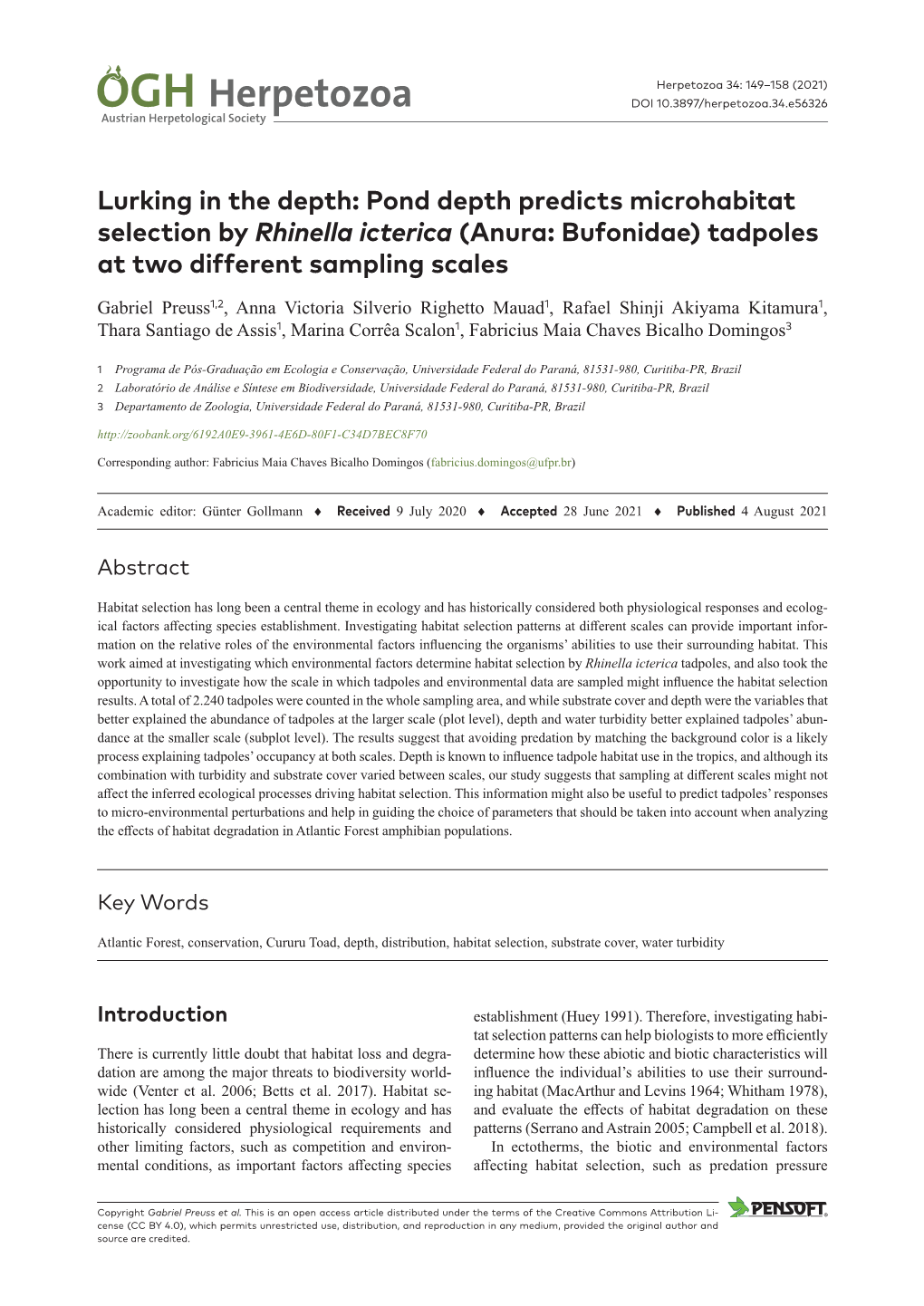 Pond Depth Predicts Microhabitat Selection by Rhinella Icterica (Anura: Bufonidae) Tadpoles at Two Different Sampling Scales