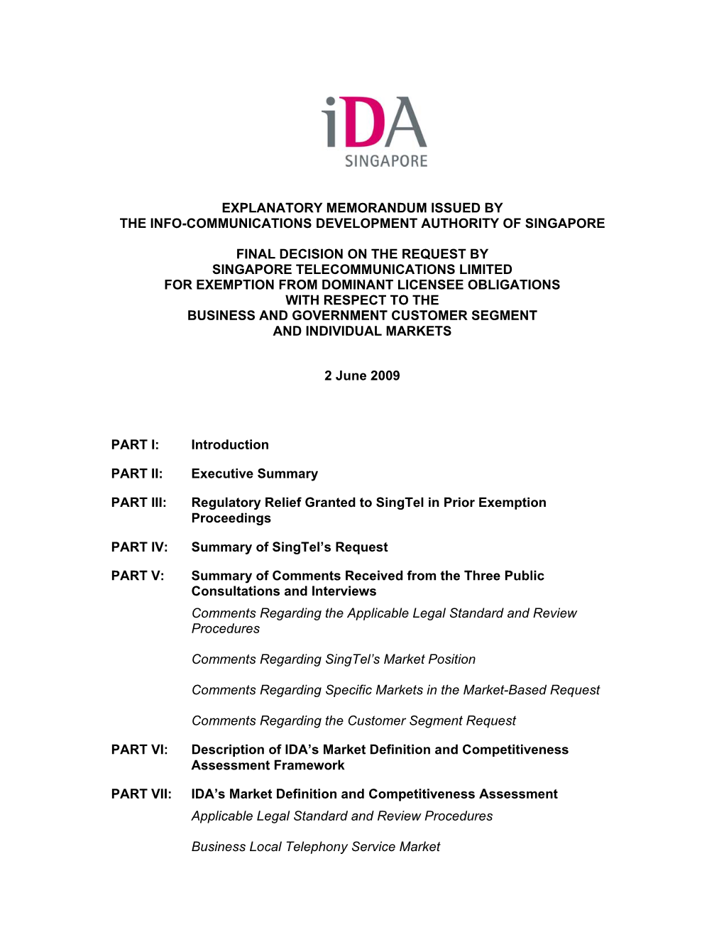 Explanatory Memorandum Issued by the Info-Communications Development Authority of Singapore