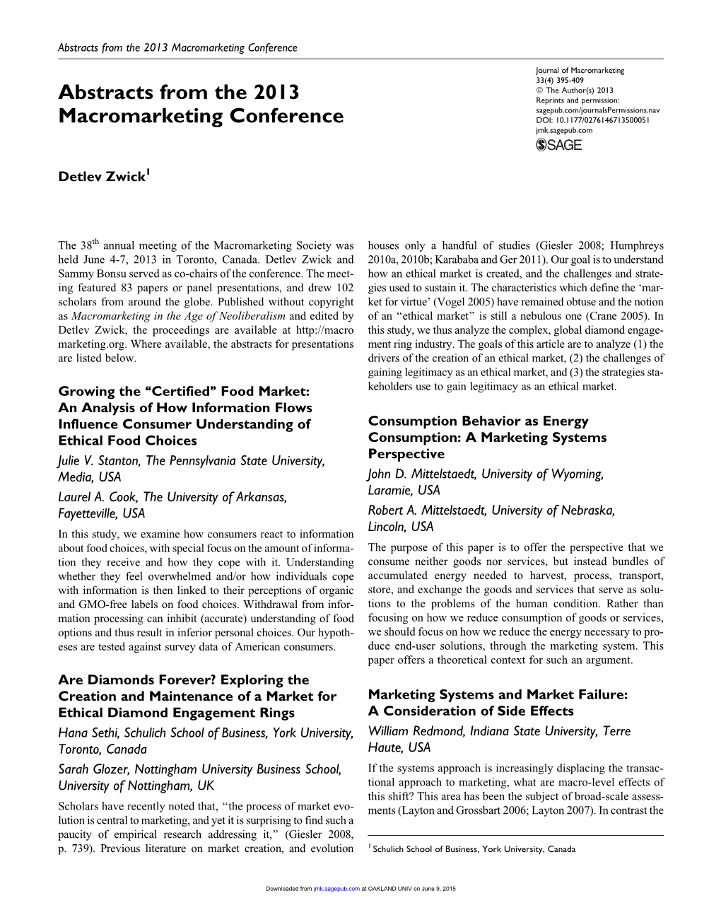 Abstracts from the 2013 Macromarketing Conference