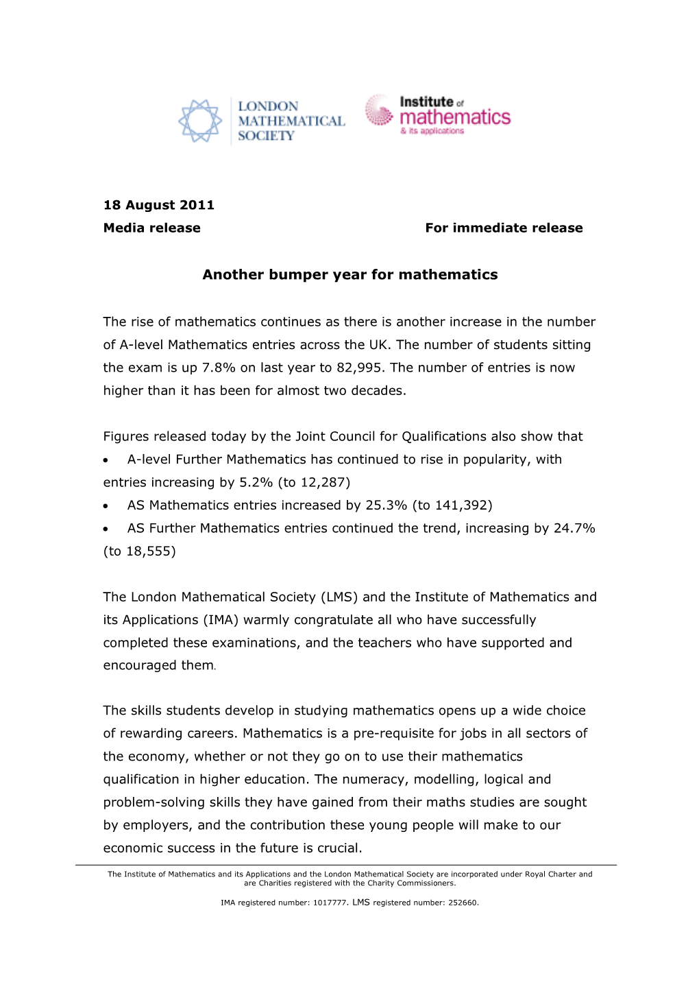 Another Bumper Year for Mathematics