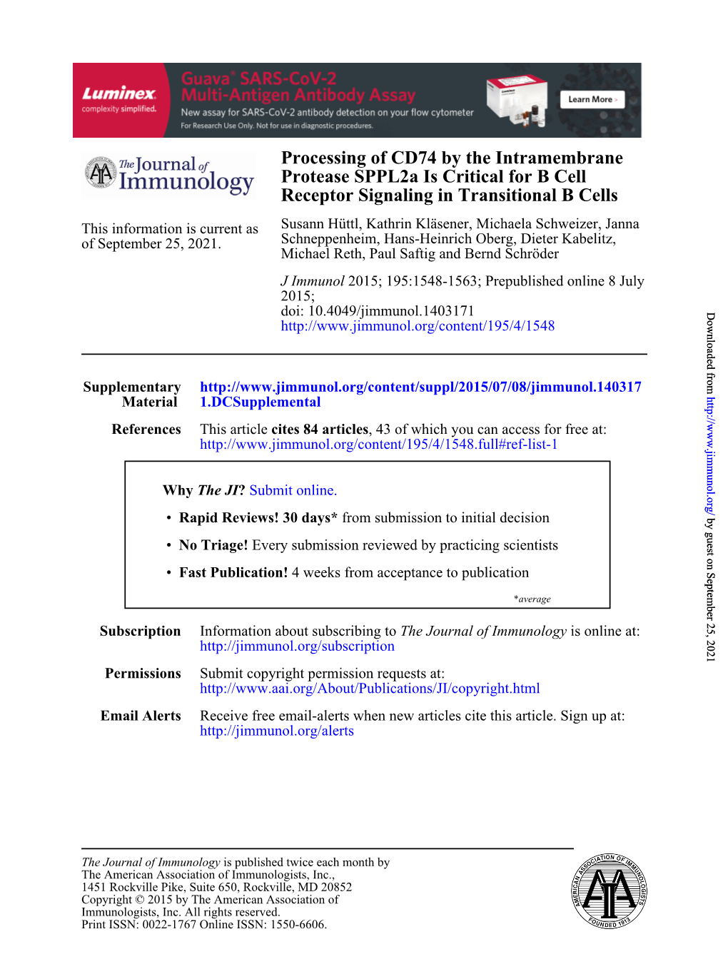 Receptor Signaling in Transitional B Cells Protease Sppl2a Is Critical