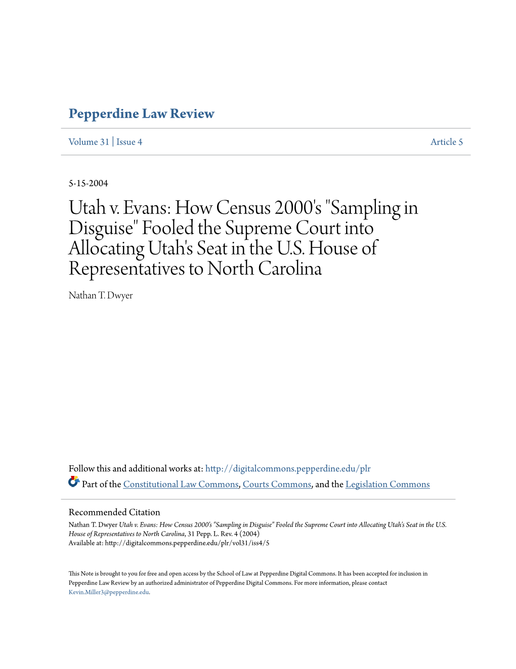 Utah V. Evans: How Census 2000'S 