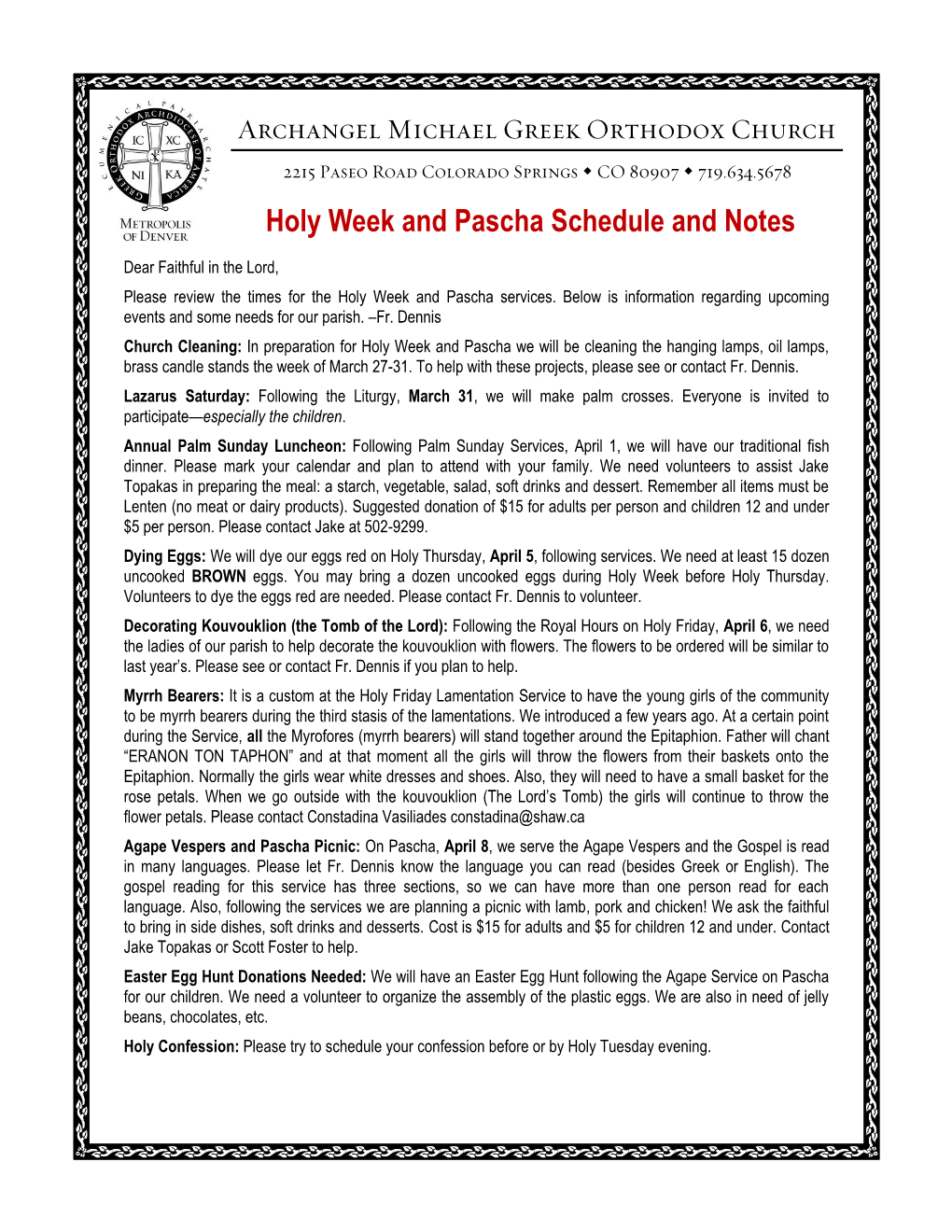 Holy Week and Pascha Schedule and Notes