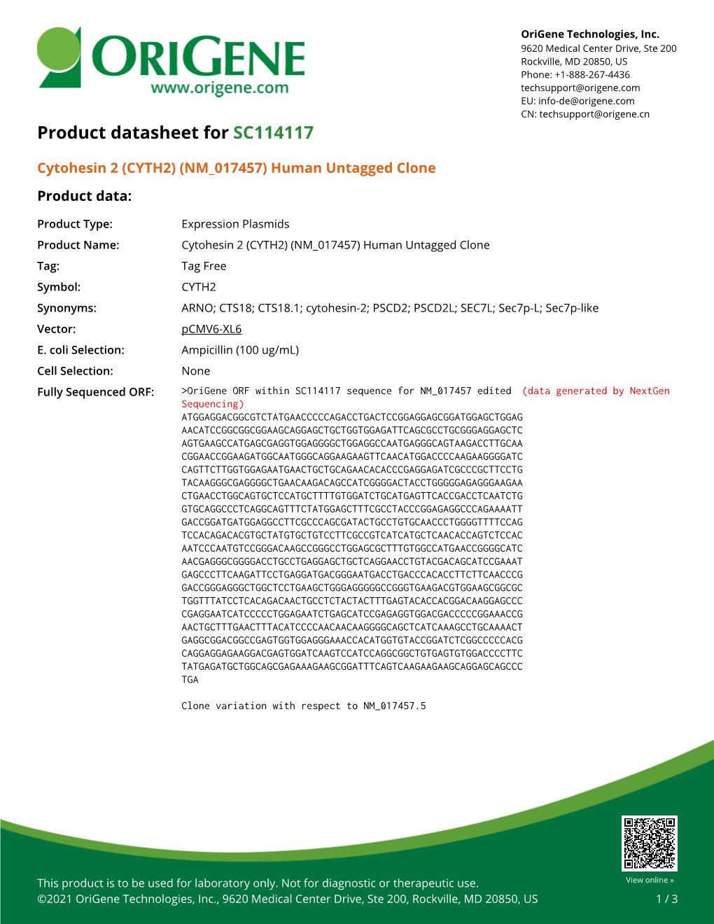 Cytohesin 2 (CYTH2) (NM 017457) Human Untagged Clone Product Data